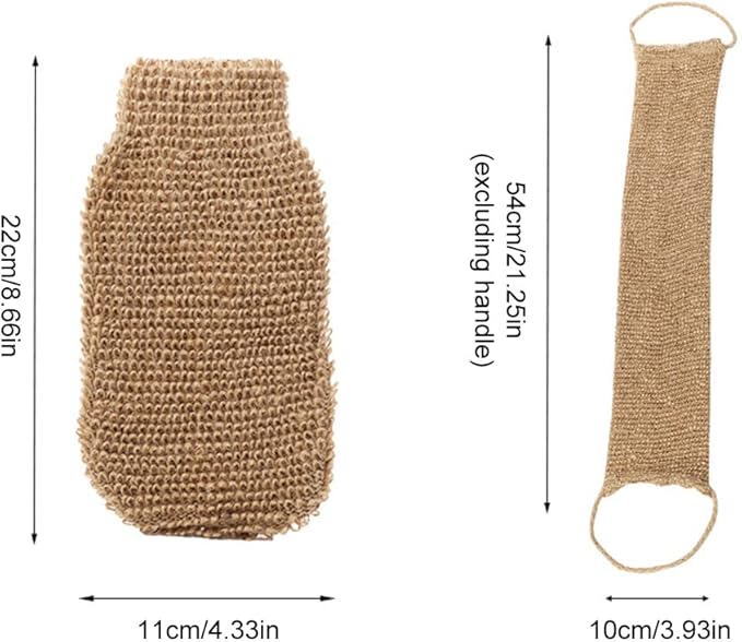 2pcs Exfoliating Body Scrubber Hemp Back Scrubber Exfoliator Loofah Shower Bath Wash Deep Cleaning Glove and Strap Dead Skin Removal for Men Women, Jute Back Wash Strap and Jute Exfoliating Gloves