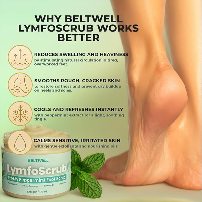 Beltwell® LymfoScrub™ Frosty Peppermint Body Scrub & Foot Cream – Foot Exfoliator Scrub for Sensitive, Itchy, Cracked & Swollen Feet – Smooths & Refreshes with Gentle Exfoliation & Cooling Formula