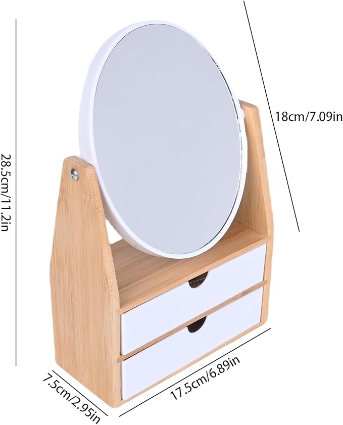 1x / 5X Magnifying Makeup Mirror, Jewelry and Cosmetics Storage Box with Double Drawers, Adjustable Natural Bamboo Stand, 360° rotatable Vertical Desktop Mirror (1, Oval)