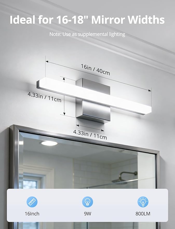 Combuh Modern Bathroom Light Fixtures Over Mirror, 16 Inch IP44 9W Chrome Vanity Light Bar for Bathroom, Wall Light Fixtures Cool White 6000K