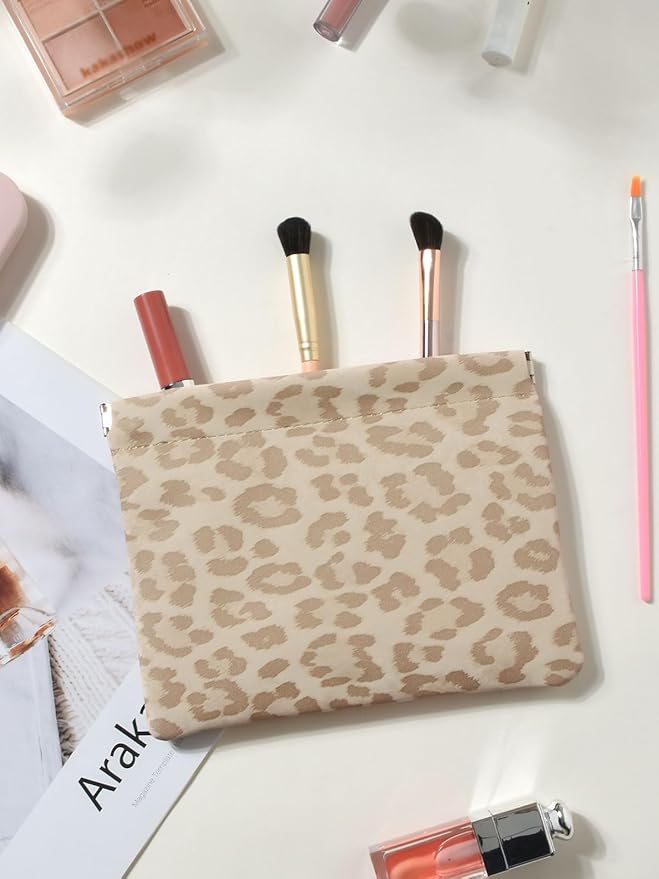 Leopard Leather Small Makeup Pouch for Women,Cosmetic Accessories,Waterproof and Portable Cosmetic Bag,Self-closing, No Zipper, Aesthetic Storage Pouch,Lipstick for Purse,Oyster Grey Brown