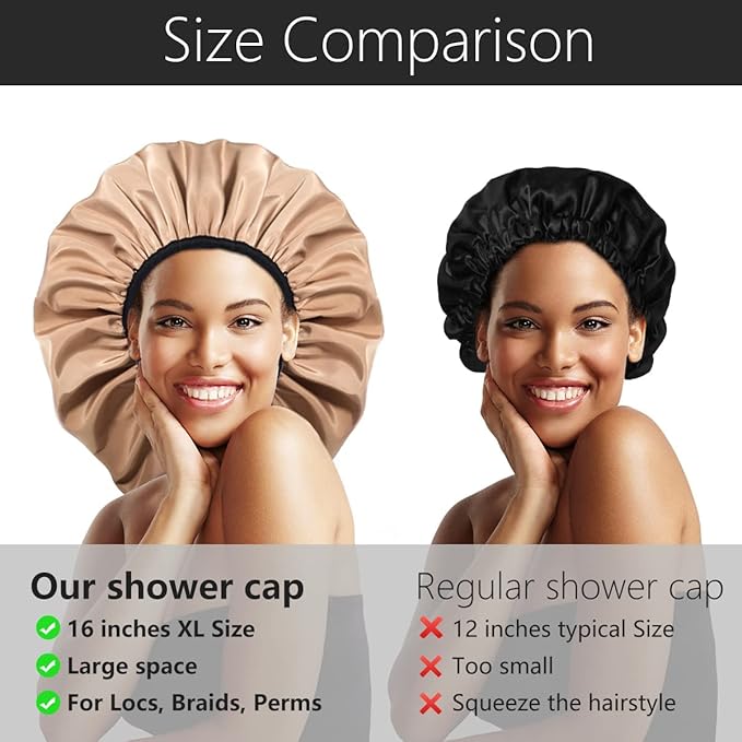 Auban Extra Large Shower Cap for Braids, Double-Layer Waterproof Reusable Satin Lining XL Shower Cap for Women Long Hair, Locs, perms (khaki)