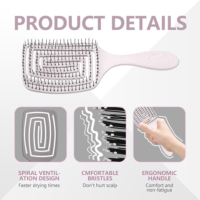 Detangling Brush, Dry and Wet Vented Detangler Hair Brush for Women and Men, Professional Paddle Curved Styling Hairbrush for Straight/Curly/Thick/Long/Wavy/Damaged Hair, Beige