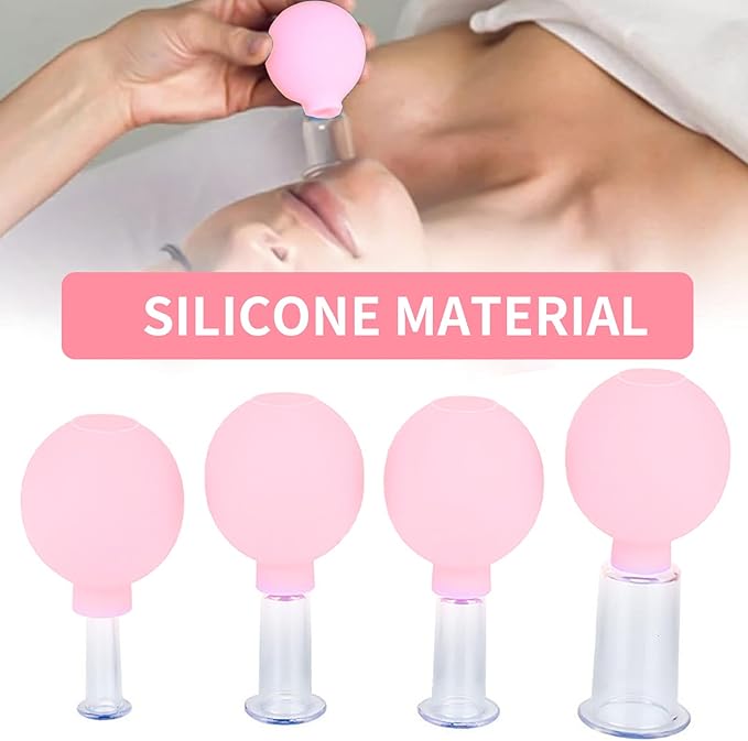 4 Pieces Plastics Facial Suction Cupping Set-Silicone Vacuum Suction Massage Cups Anti Cellulite Lymphatic Therapy Sets for Eyes, Face and Body (Pink)