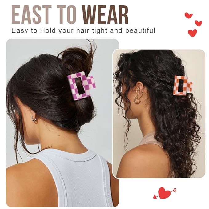 Small Checkered Multicolored Rectangle Y2K Hair Claw Clips - 6 Pcs Strong Hold Hair Accessories for Thin & Thick Hair