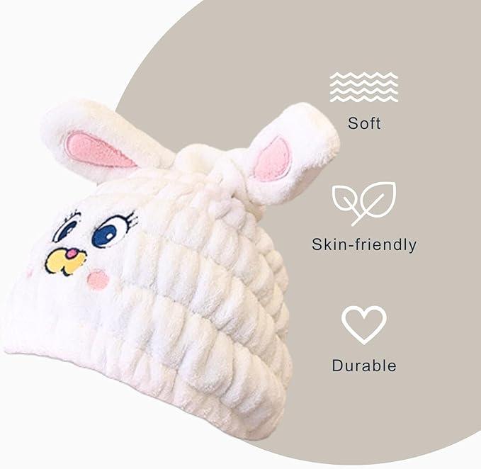 Microfiber Hair Towel Wrap for Kids, White Rabbit Dry Hair Cap Suck Water, Absorbent Quick Girls Boys Hair Drying Towel, Lightweight Bouncy Hat Headscarf for Wet Hair