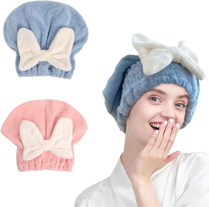 2Pcs Super Absorbent Microfiber Hair Towel Wraps for Women-Quick Drying Towel with Bow,Hair Drying Caps for Curly&Wet Hair, Anti-Frizz Turbans,Perfect for Hair Plopping (Blue & Pink)