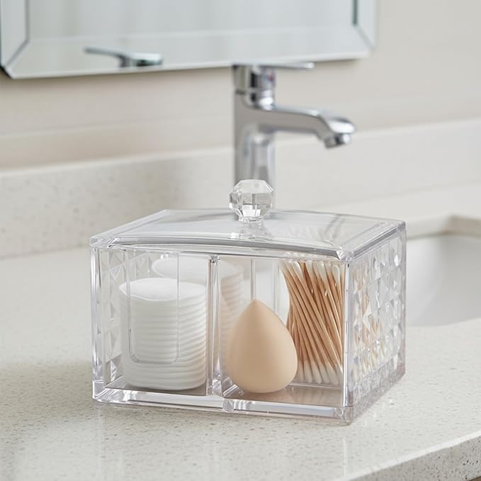 Cotton Swab Holder - Compact Bathroom Canister with Lid and 3 Compartments for Organizing Cotton Ball, Swab, Pad - Acrylic Bathroom Jar Compatible with Q Tips Cotton Swab