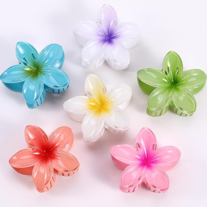Hawaiian Flower Hair Clips – 6 Pack Colorful Claw Clips for Women & Girls, Large Aesthetic Hair Accessories for Thick or Thin Hair, Summer Beach Vacation Gift