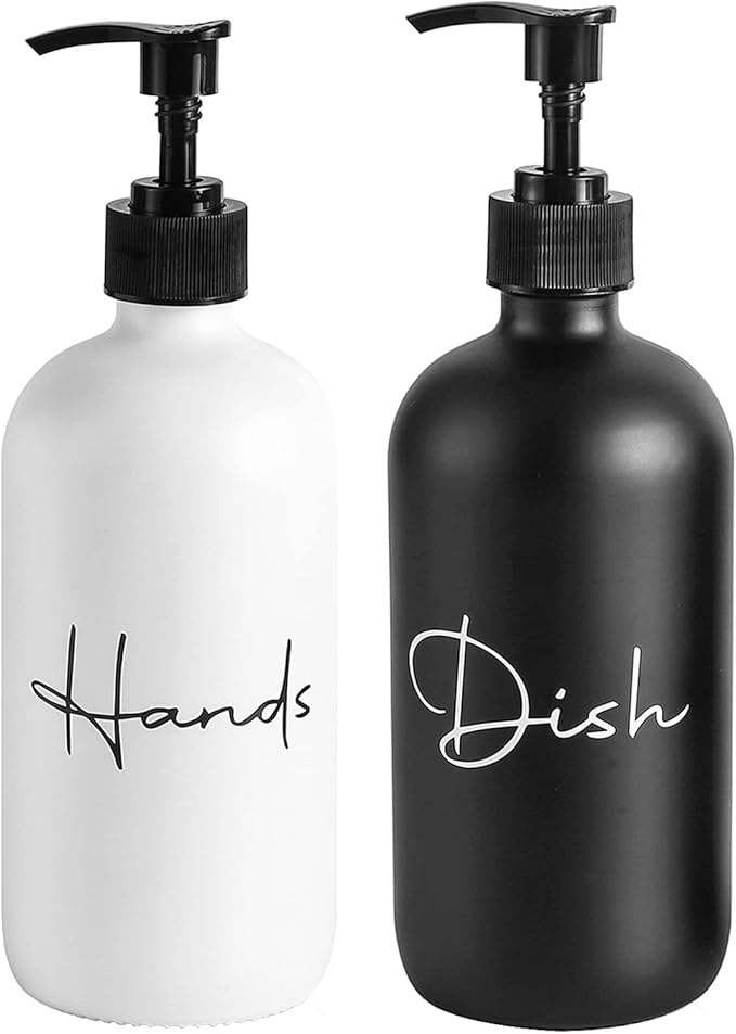 17 oz Hand Soap Dispenser Glass Liquid Dish Soap Bottles, Refillable Empty Lotion Pump Bottles for Bathroom Decor, Kitchen Sink, Matte Design, Black + White, Pack of 2