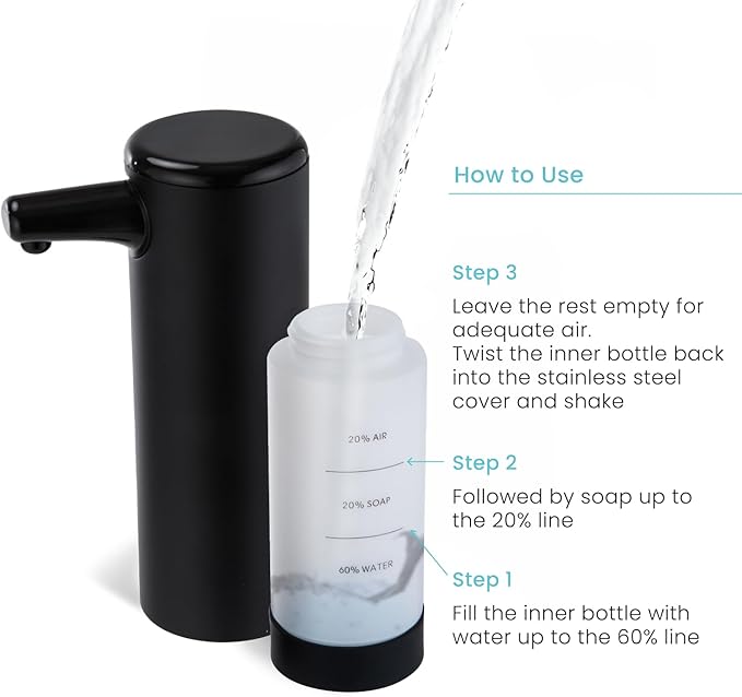 Home Zone Living Foaming Hand Soap Dispenser with Matte Black Outer Cover, Refillable Pump for Kitchen and Bathroom Sinks