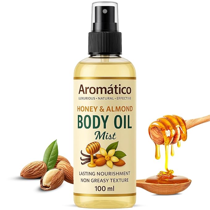 Honey & Almond Body Oil Mist for Women | Lightweight, Non-Sticky, Spray-on formula for Daily use After Shower | Moisturized, Soft, Glowing Skin | Cozy, Creamy Vanilla Scent - 4 Fl Oz