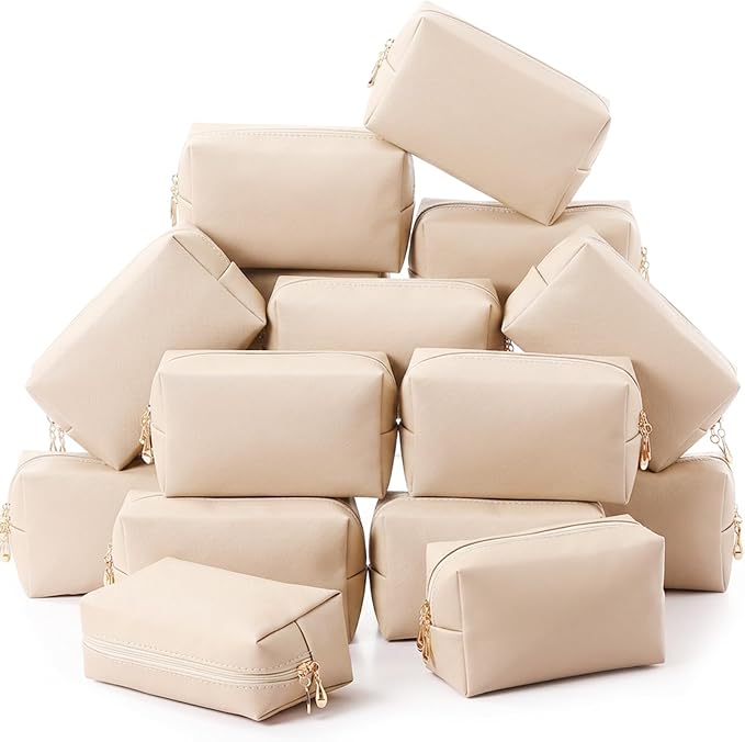 Kigeli 15 Pcs Aesthetic Makeup Bags PU Leather Cosmetic Pouches Waterproof Plain Toiletry Bags Makeup Pouches Bulk for Women Party Gift Travel Storage Organizer(Nude Color)