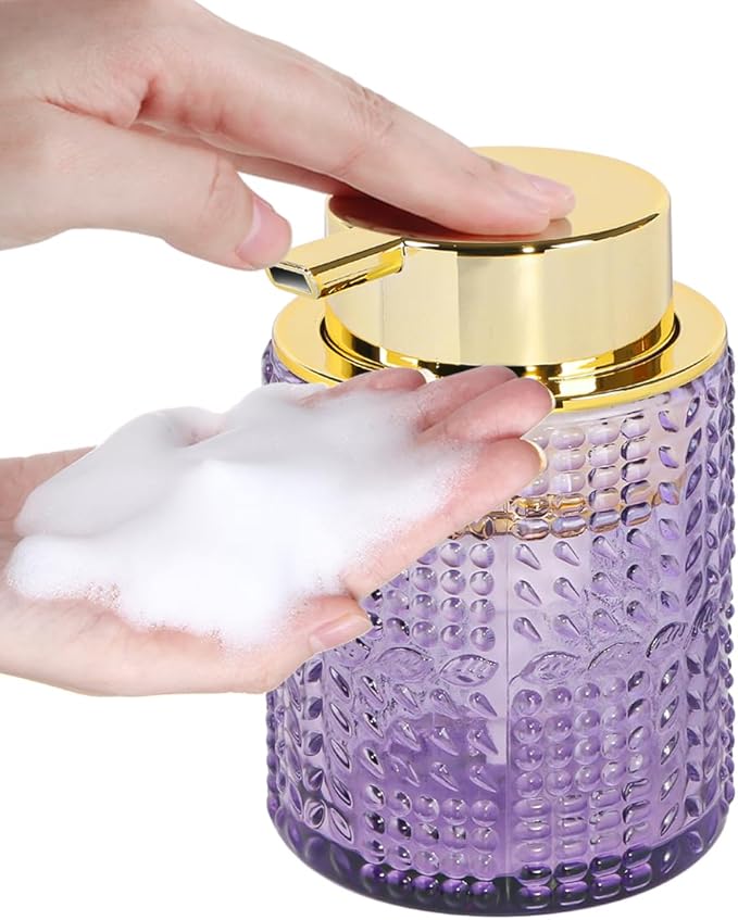 Foaming Soap Dispenser, Purple Glass Foam Soap Dispenser with Gold Pump, Refillable 10oz Lotion Liquid Container Pump Bottle for Bathroom Kitchen Countertop