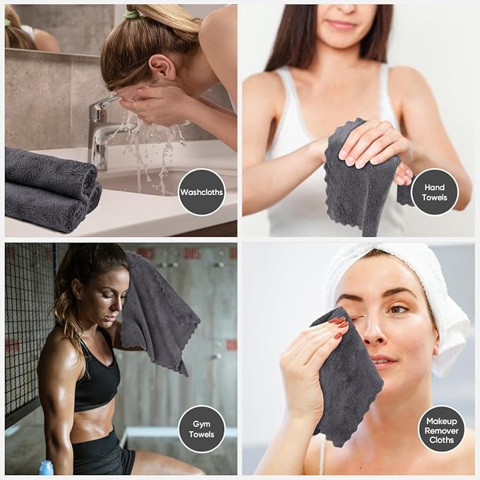Orighty Ultra Soft Washcloths 12 Pack, Premium Microfiber Towel Sets 12x12 inches, Absorbent and Quick Drying Coral Velvet Washcloth, Multi-Purpose Wash Cloths for Bathroom, Hotel, and Gym (Grey)