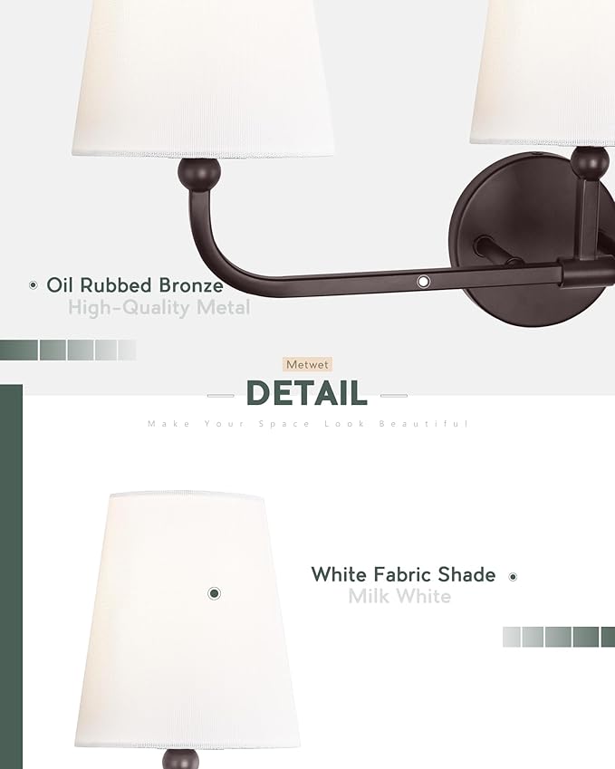 Bathroom Light Fixtures, 4 Light Oil Rubbed Bronze Vanity Lights with Flared White Fabric Shade, 28 Inch Wall Sconce, Vintage Sconces Wall Lighting for Hallway Bedroom, VL837-ORB-4