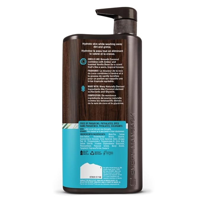 Every Man Jack Coconut + Driftwood Mens Body Wash for All Skin Types - Cleanse, Hydrate, and Smell Great - Free of Parabens, Phtalates, and Dyes - 33.8 fl oz (2 Pack)