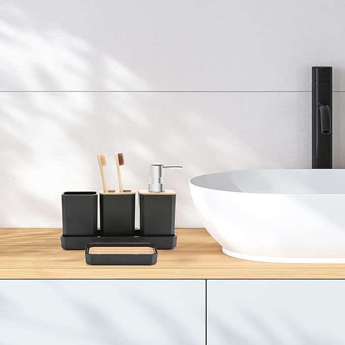 FEILANDUO Bathroom Accessories Set,5 Pcs Bathroom Accessory Gift Set, Soap Dispenser, Soap Dish, Toothbrush Holder, Toothbrush Cup, Vanity Tray, Boho, Modern Bathroom Decor (Black)