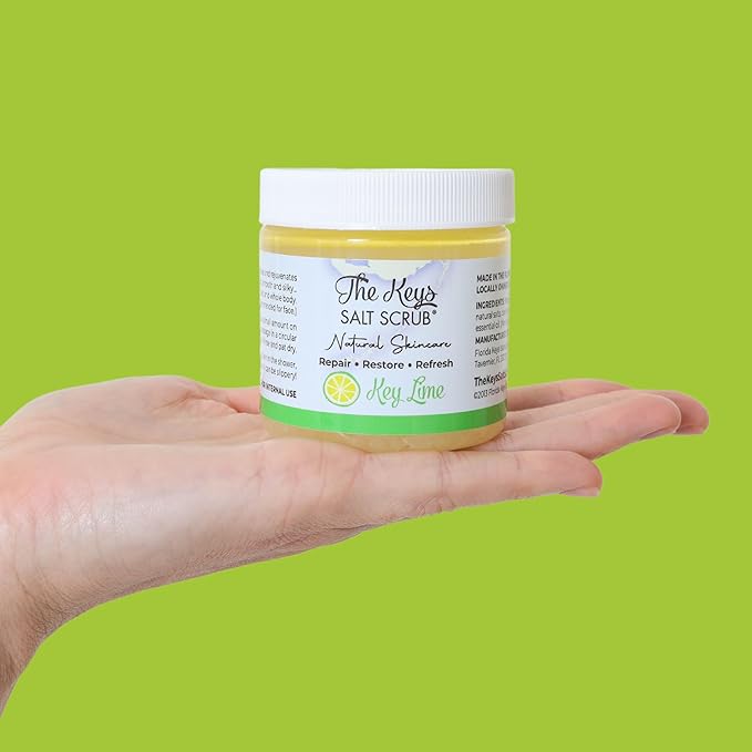 The Keys Salt Scrub -Sea Salt Scrub - Exfoliating Body Scrub with Wooden Spoon - Moisturizing Exfoliator for Hands, Foot, Bath, (3.4 Ounce (Pack of 1), Key Lime)