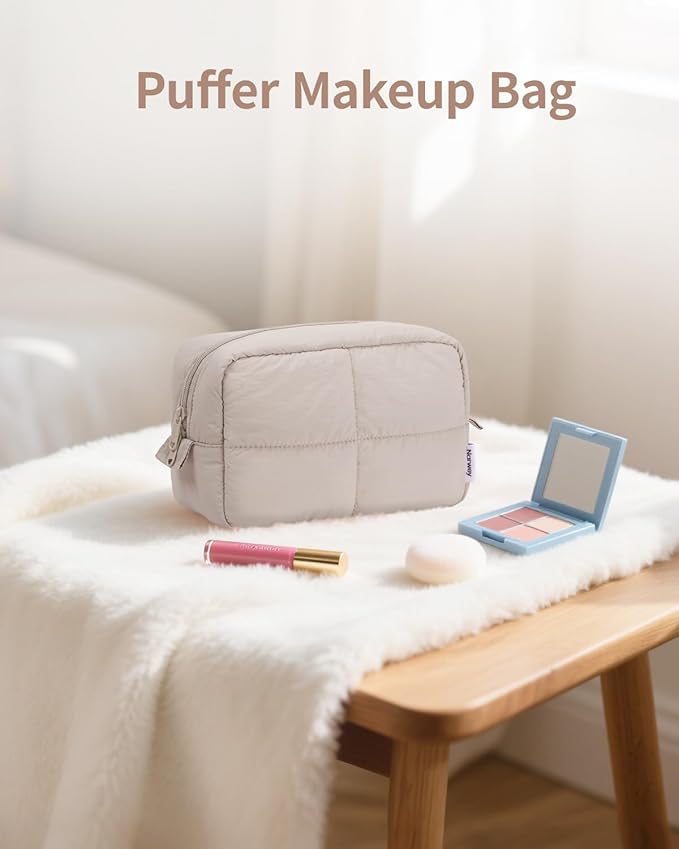 Narwey Travel Makeup Bag for Women Girl, Quilted Makeup Bag Cosmetic Make up Organizer Bags, Cute Small Travel Toiletry Bag for Toiletries (Khaki)