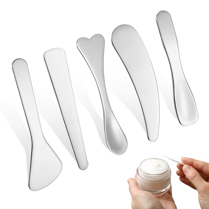 Mini Cosmetic Spatula 5 Pcs Metal Makeup Spatula Stainless Steel Cosmetic Spoon Beauty Spatulas Reusable Mask Facial Applicator Scoop Skincare Tools for Mixing Sampling Cream Mask Lotions Moisturizers