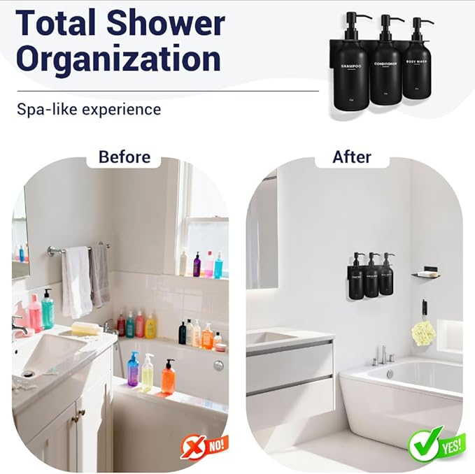 KLL Shampoo and Conditioner Dispenser Set - Wall Mounted Shower Soap Dispenser - 17oz No-Drill Refillable Plastic Pump Bottles for Bathroom - Includes Soap Dish & Hook (Black)