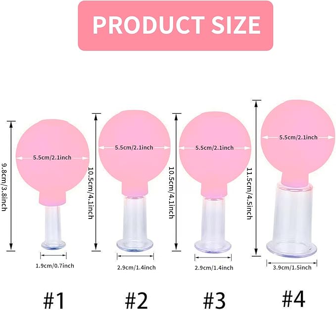 4 Pieces Plastics Facial Suction Cupping Set-Silicone Vacuum Suction Massage Cups Anti Cellulite Lymphatic Therapy Sets for Eyes, Face and Body (Pink)