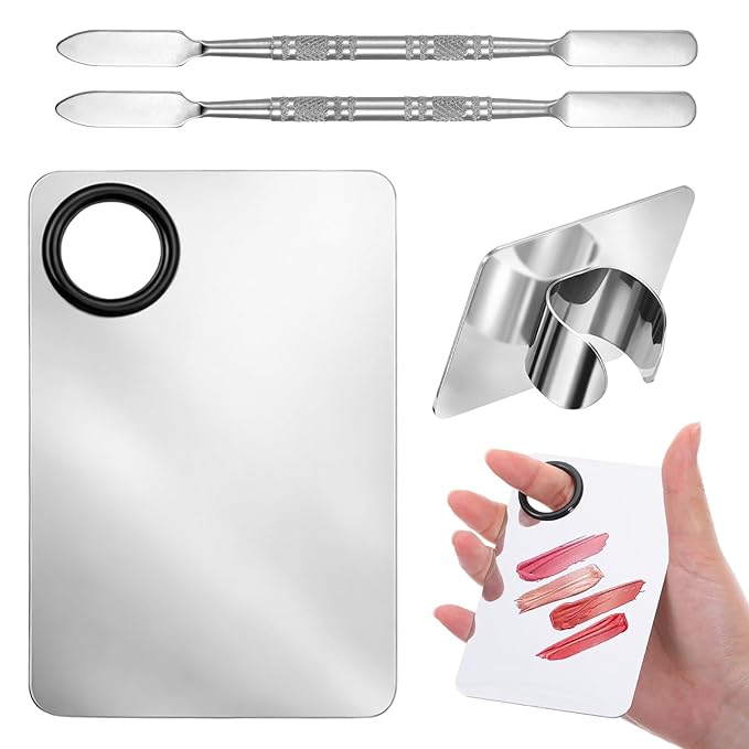 2 Pcs Makeup Mixing Palette with 2 pcs Foundation Spatula, Stainless Steel Cosmetic Makeup Palette Professional Nail Mixing Tray for Foundation, Lipstick, Nail Art and More