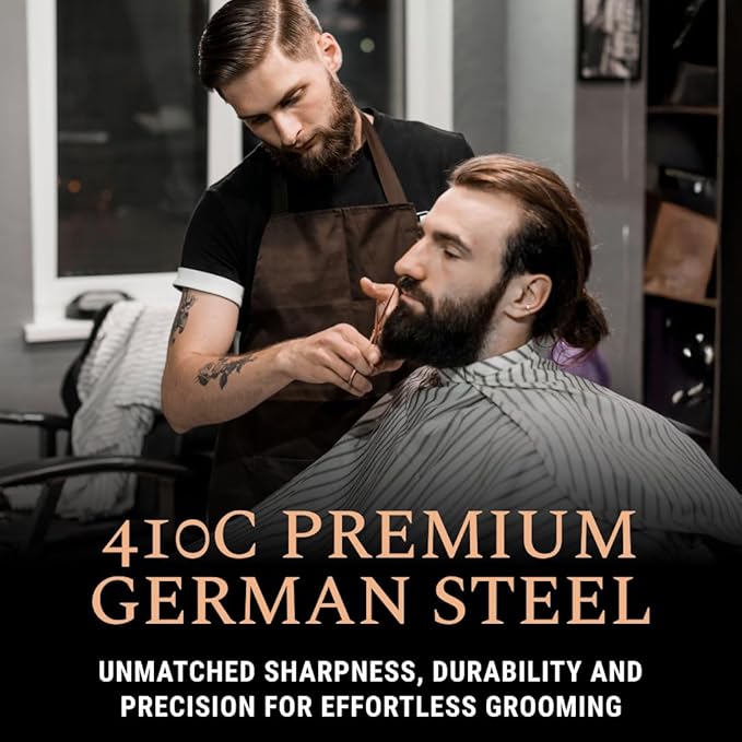 Ontaki Beard & Mustache Scissors for Men - 5inch, Rose Gold - 410C German Steel Durable, Ergonomic Design Travel Friendly Facial Hair Scissors - Beard Grooming Kit 2 Combs & Case Perfect for Styling