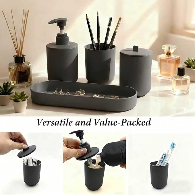 LGURT-4-piece Set of Bathroom Accessories, Plastic Bathroom Accessories, Toothbrush Holder, Toothbrush Cup, soap Dispenser, soap pan (Dark Gray)