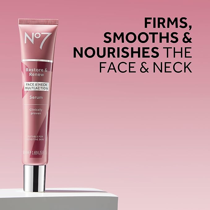 No7 Restore & Renew Multi-Action Face & Neck Serum - Anti Aging Serum for Deep Wrinkle Repair - Collagen Infused Skincare with a Hydrating Blend of Hibiscus Peptides & Hyaluronic Acid (1 Fl Oz)