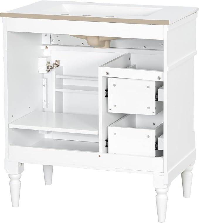 Harper & Bright Designs 30" Bathroom Vanity with Sink, Free Standing Bathroom Vanity Set with Flip Drawer, 2 Drawers, and Adjustable Shelf, Wood Storage Cabinet with Ceramic Basin for Bathroom, White