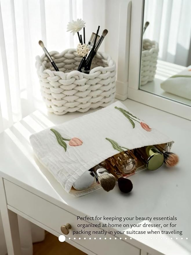 2-Pack Tulip Print Makeup Bag Set - White Fabric Cosmetic Organizer Pouches (1 Large + 1 Small) for Daily & Travel Use