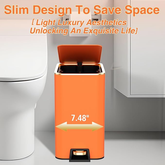 Bathroom Accessories 8 Piece Orange and Gold Bathroom Set, Bath Accessories with Stainless Steel Trash Can,Toilet Brush,Toothbrush Set,Soap Dispenser