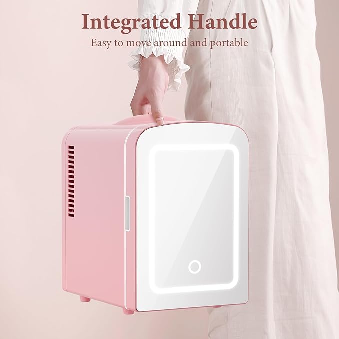 Xbeauty Skincare Mini Fridge With Dimmable LED Mirror, 4L Mini Makeup Refrigerator for SkinCare, Cosmetics, Food & Drinks, Portable Small Refrigerator for Bedroom, Dorm, Car, Office, Pink