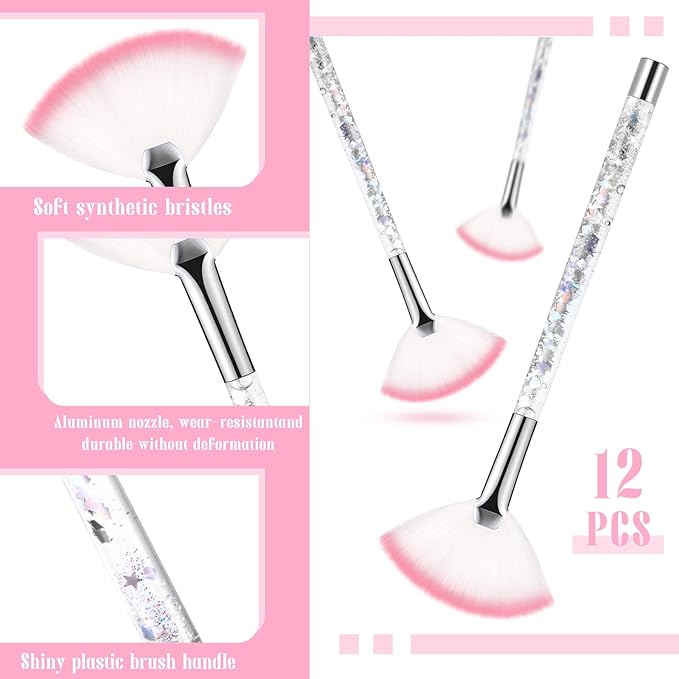 Nuenen 12 Pcs Soft Fan Facial Brushes Mask Acid Applicator Brush for Mud Cream Blush Makeup Peel Glycolic Multi Use Cosmetic Tools with Glitter Quicksand Handle and Pouch(Silver)