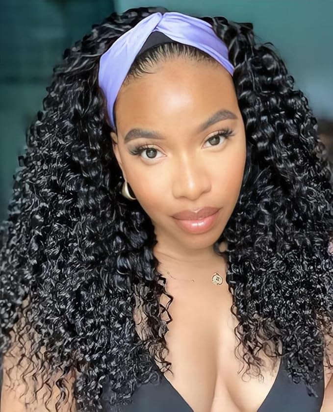 Aiterina Human Hair Wig - Deep Wave, 16 Inch, Headband, Curly, Machine Made, Non Lace Front for Women - Natural Color