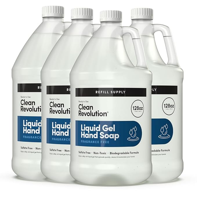 Clean Revolution Liquid Gel Hand Soap, Silky Rich Liquid, Quick Lather, Fast Rinsing, (Fragrance Free) 128 Fl Oz, 4 Pack - Made in USA