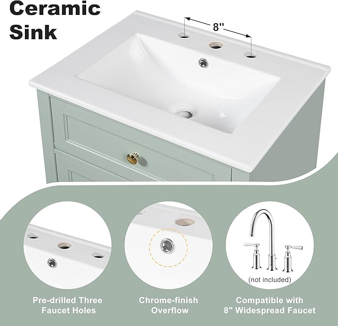Harper & Bright Designs 24" Bathroom Vanity with Sink, Free Standing Bathroom Vanity Set with Flip Drawer, 2 Drawers, and Storage Rack, Wood Storage Cabinet with Ceramic Basin for Bathroom, Green