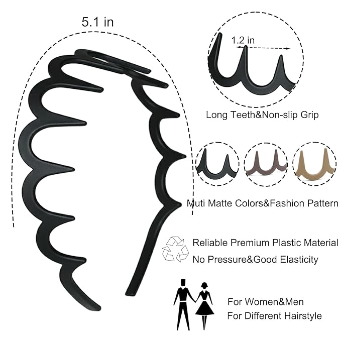 6 PCS Zig Zag Headbands Plastic Wavy Hair Head Band Comb with Teeth Hoop Accessories for Women Men Girls, Matte Retro Color