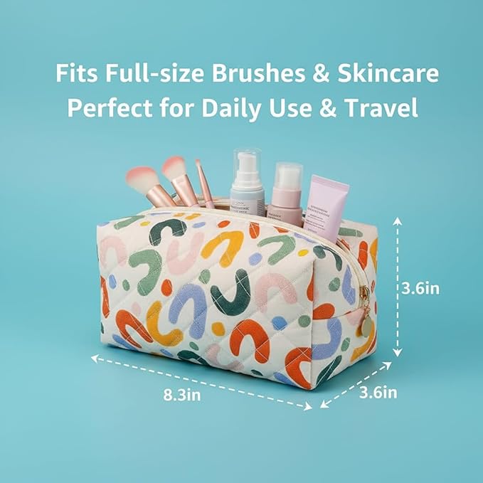 Floral Quilted Cotton Makeup Bag for Women, Large Capacity Travel Cosmetic Pouch with Zipper, Cute Toiletry & Brush Organizer, Kawaii Makeup Storage Case – Colorful