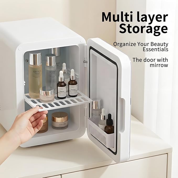 Lispin Mini Fridge for Bedroom, 4L Skincare Fridge with Dimmable LED Light Mirror for Dorm & Office, Portable Cooler & Warmer Small Compact Refrigerator for Skincare (White-4L)