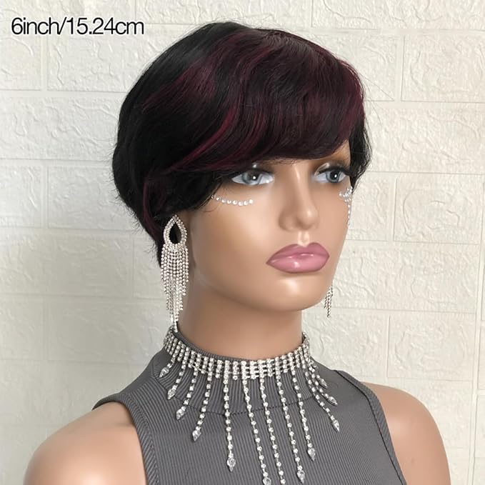 Adette Basic Pixie Cut Wig Straight Style - 1B/99J Burgundy Highlight 180% Density Brazilian Virgin Human Hair with Rose Net Cap, Glueless Machine Made for African American Women, Cosplay & Daily Wear