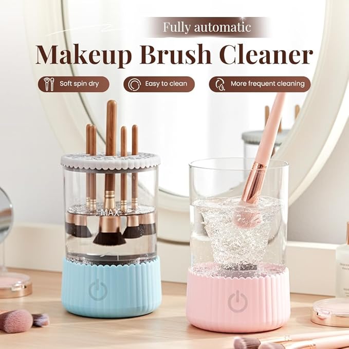 Electric Makeup Brush Cleaner Machine, Multi-Functional Cosmetic Brush Cleaner, Portable Automatic Makeup Brush Cleaning Solution With Dryer-Holder for All Brush Sizes (Pink)
