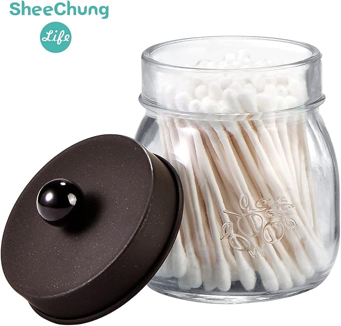 SheeChung 4 Pack Apothecary Jars with Lids, Bathroom Organizers and Storage, Qtip Holders Set, Bathroom Decor, Small Mason Jars for Q-tips, Cottons, Floss, Balls, Cotton Swabs-Bronze