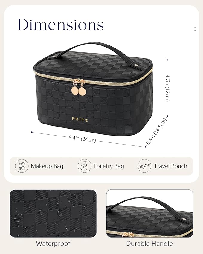 Prite Makeup Bag, Large Capacity Portable Travel Cosmetic Bag, Waterproof Makeup Organizer for Women with Handle and Divider (001 Checkered Black)