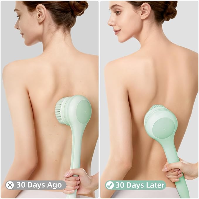 Electric Body Brush Back Scrubber for Shower, Waterproof Long Dual Handle Body Scrubber with 3 Heads, Bath Brush & 2 Speeds, for Cleansing, Exfoliating and Massaging Skin, Pale Cypress Green