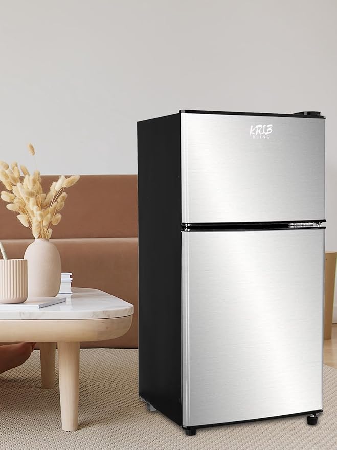 Mini Fridge With Freezer,3.5 Cu. Ft Compact Refrigerator With 2 Doors,7- Level Adjustable Thermostat, Removable Glass Shelves For Bedroom, Office, Kitchen, Apartment, Dorm, Silver