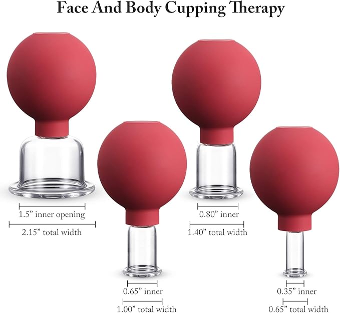 BBTO 4 Pieces Glass Cupping Set Glass Silicone Cupping Cups Massage Vacuum Suction Cupping Cups for Body Face Leg Arm Back Shoulder Muscle and Joint Pain (Red)