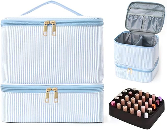 hibear Nail Supplies Organizer Nail Polish Storage Holds 30 BottlesNail Polish Storage Holds 30 Bottles Nail Kit Case Makeup Bag Vanity Case for Women (Striped blue)